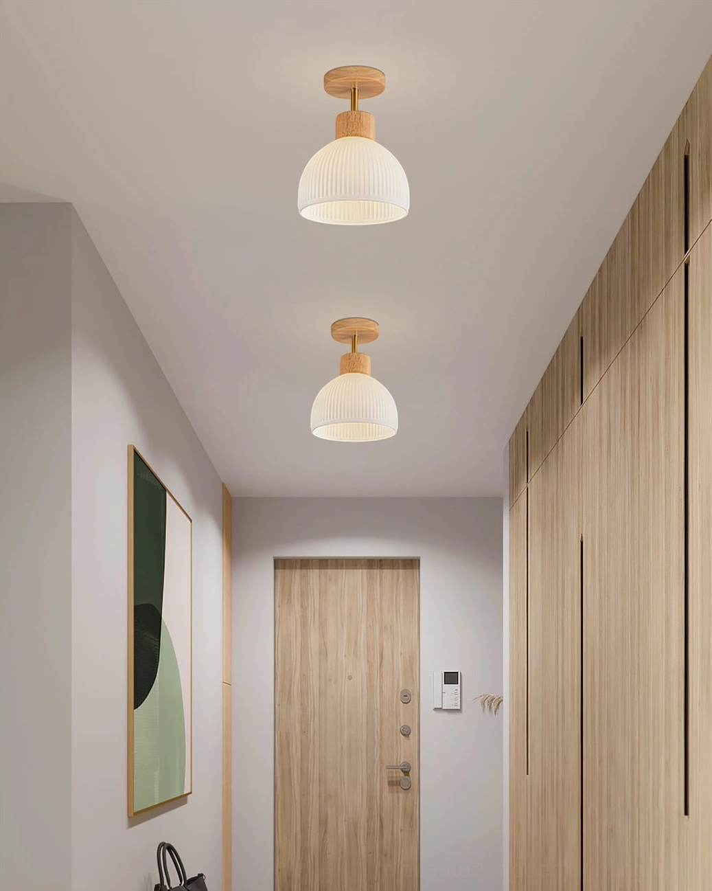 Pair of matching ribbed ceiling lamps installed in hallway, Japandi minimalist interior