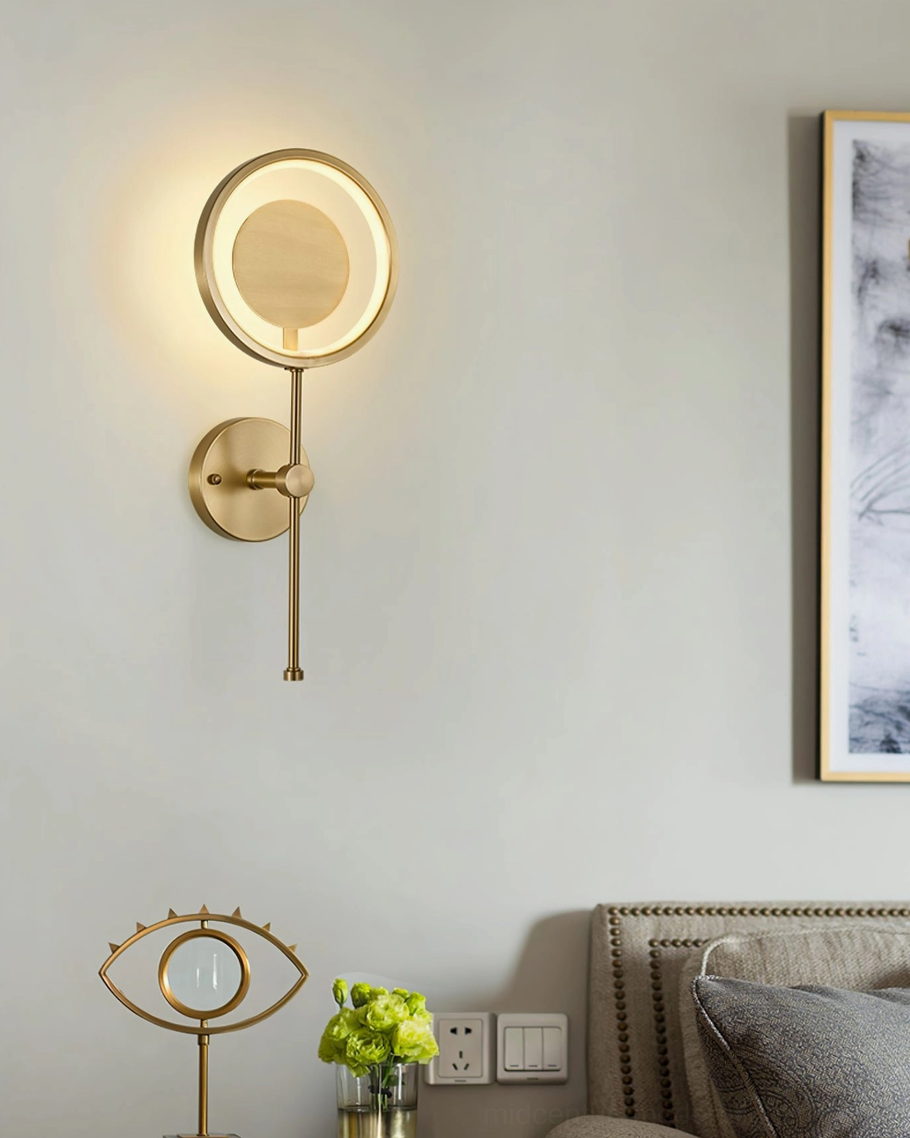 Modern minimalist ring LED wall lamp with dual light source illuminating bedroom wall surface