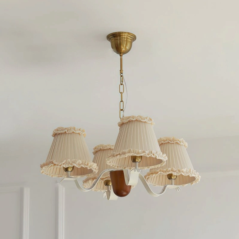 4-light mid-century fabric chandelier with beige pleated ruffled shades and vintage brass hardware
