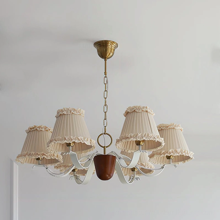 6-light fabric chandelier with beige and gold walnut finish showing larger scale configuration detail