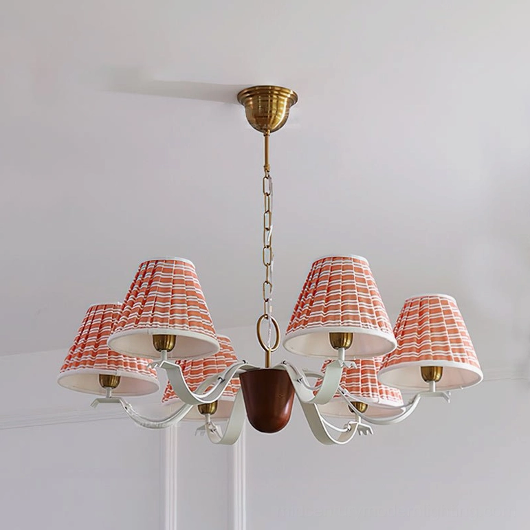 6-light fabric chandelier in gold and red walnut finish showing vibrant color combination variant