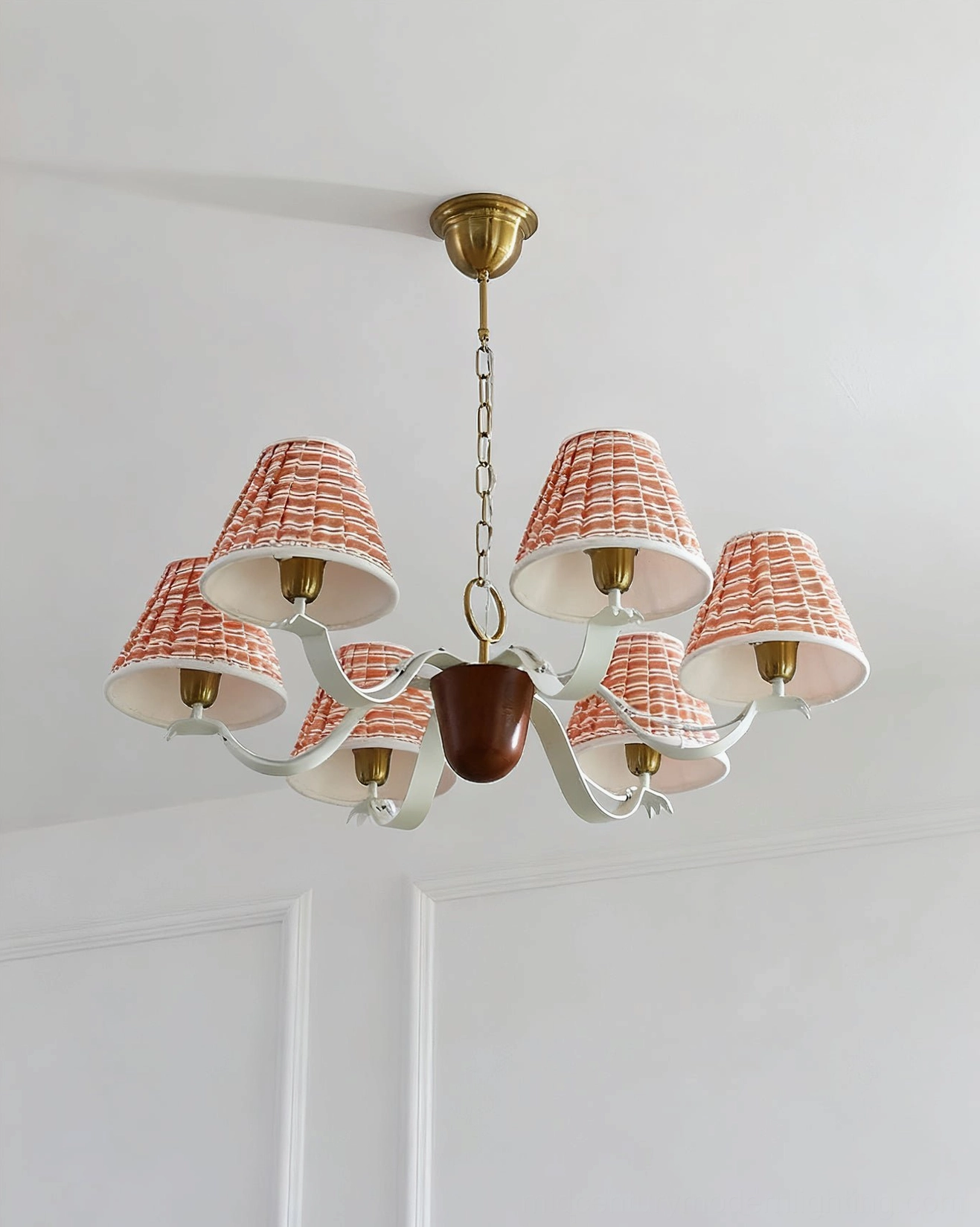 Complete mid-century fabric chandelier assembly showing all components, structure, and hanging mechanism details