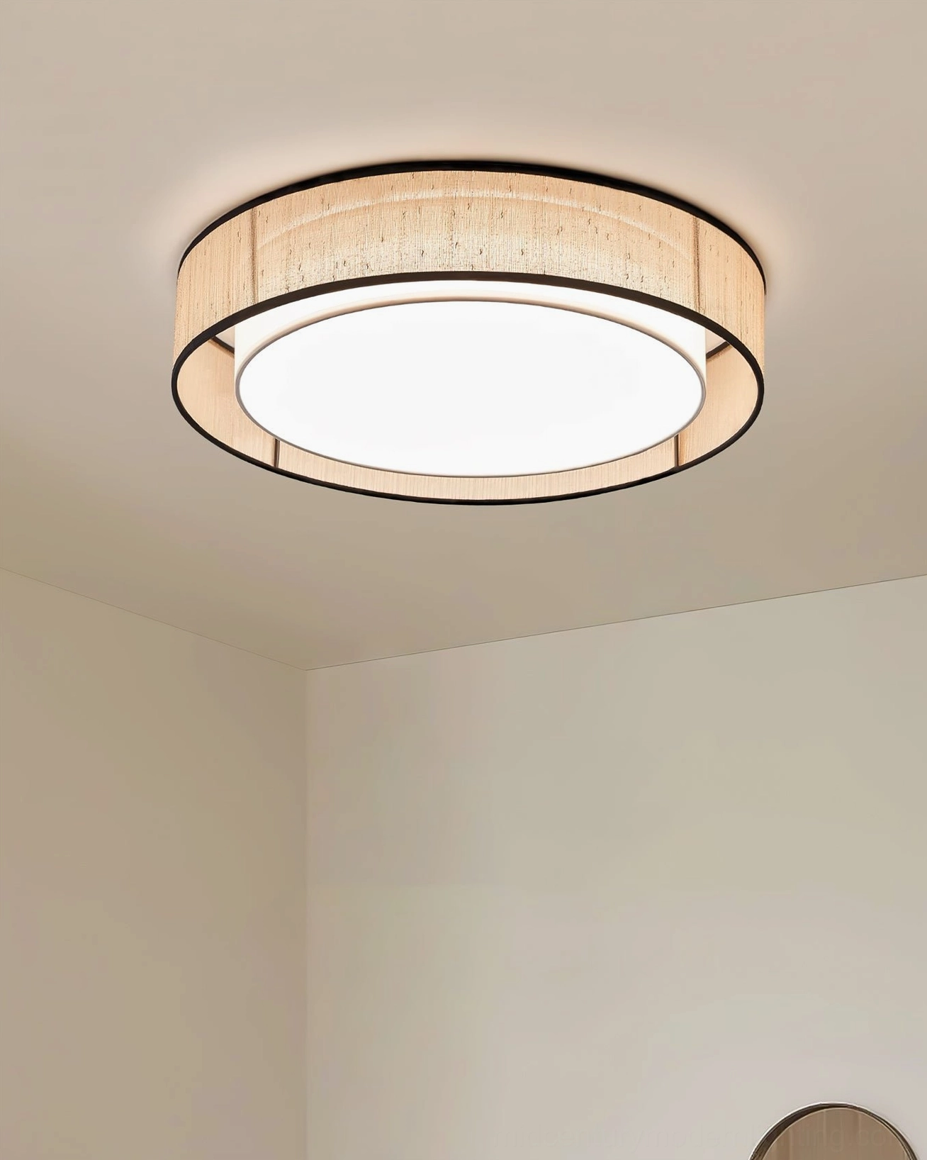 Overhead ceiling view of Duolla jute ceiling light fixture emphasizing ultra-slim 11cm profile and understated modern design