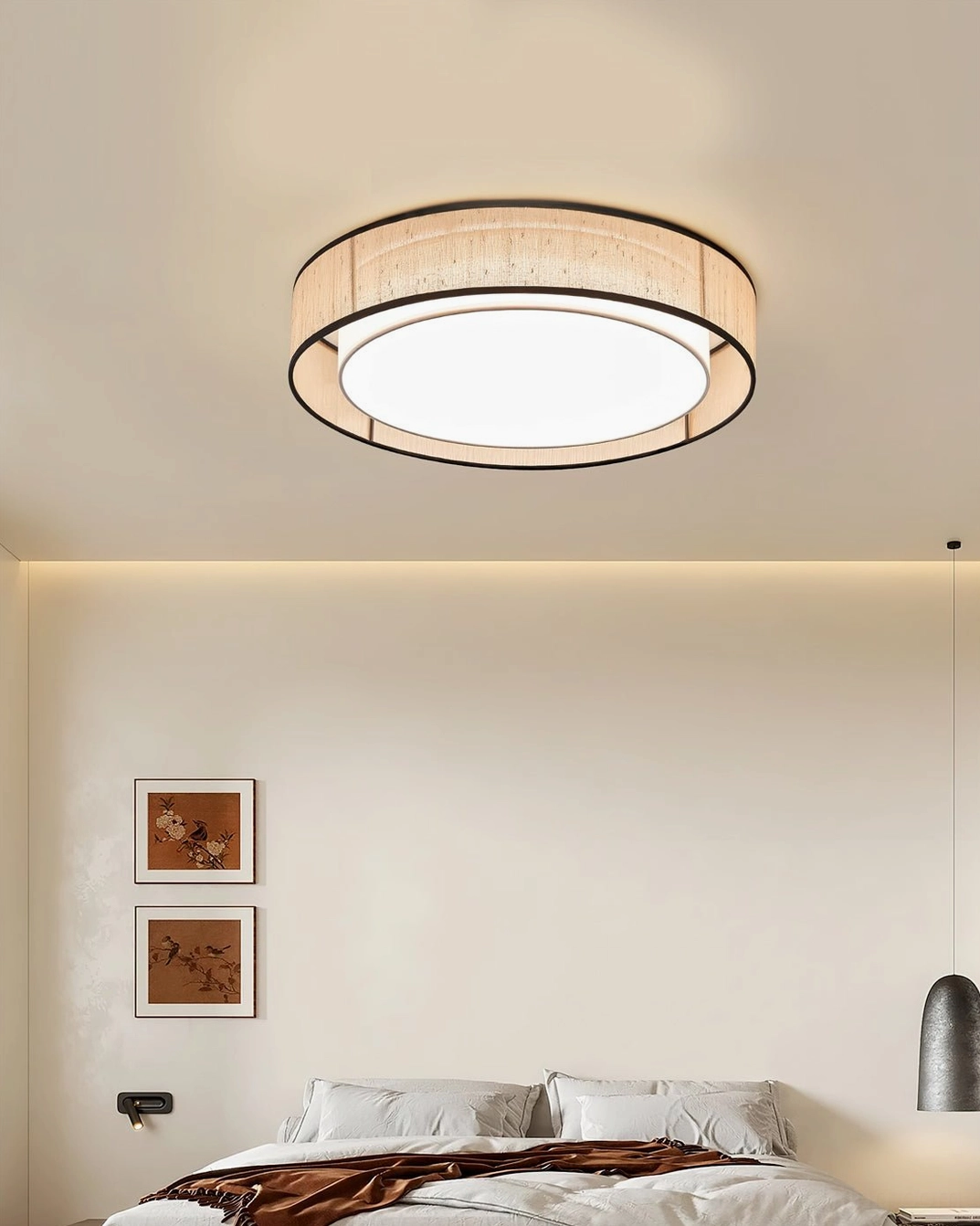 Duolla low-profile ceiling light installed in modern minimalist bedroom with warm integrated LED illumination