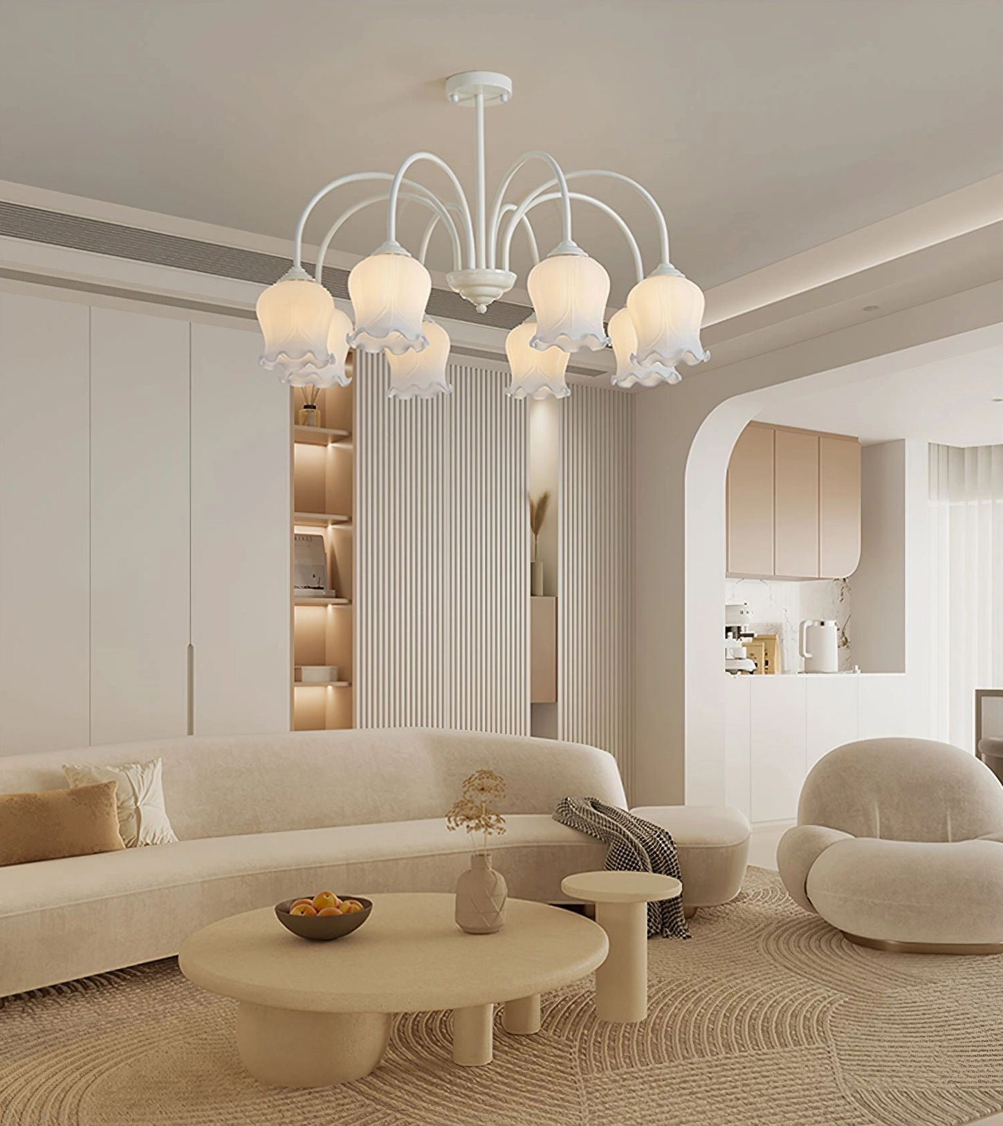 Eight-head frosted glass lily chandelier product photography showing design detail and light distribution