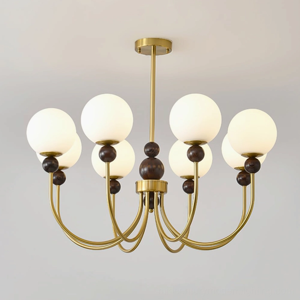 8-head modern glass chandelier gold walnut finish, statement ceiling fixture