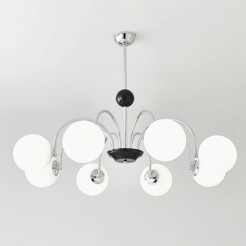 Eight-head globe chandelier with chrome-black finish in luxury interior space