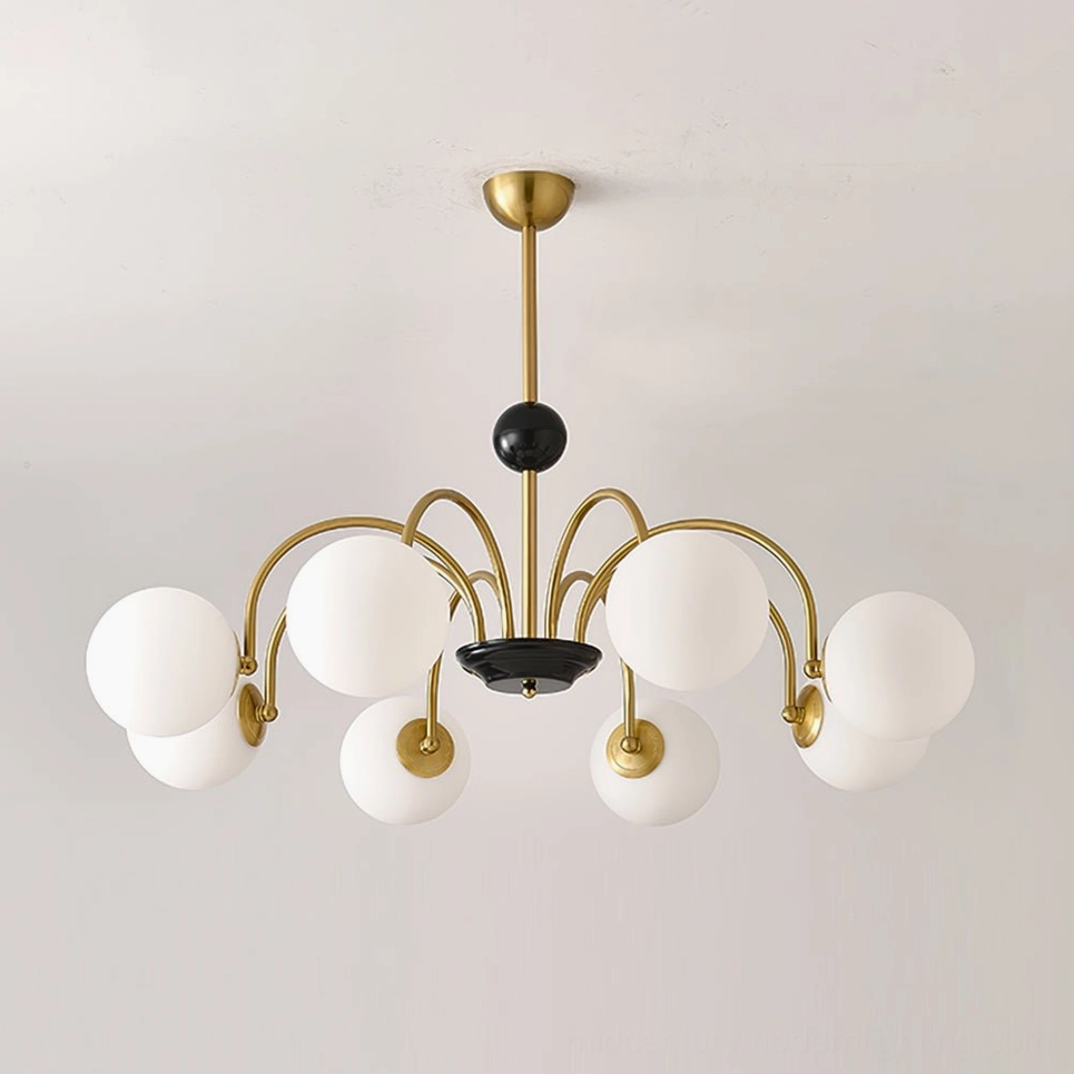 Eight-head globe chandelier with gold-black frame and frosted glass globes statement fixture
