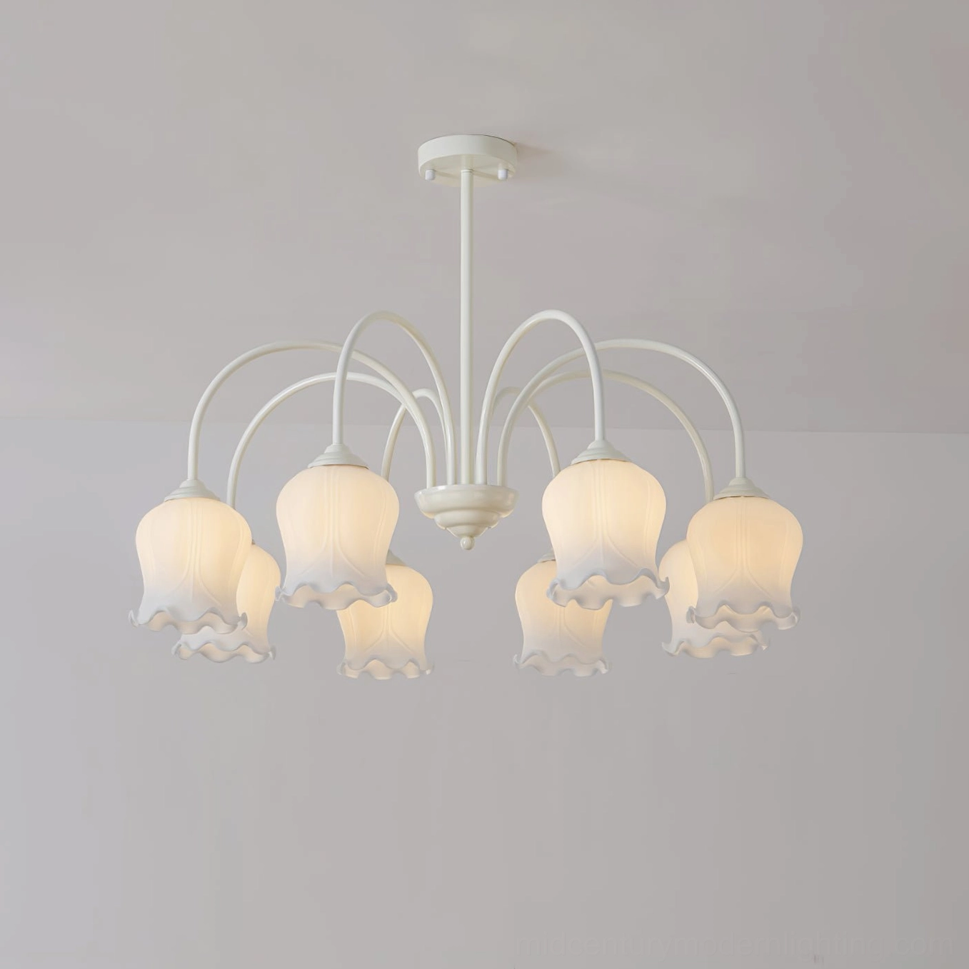Eight-head lily chandelier maximum configuration with wide frosted shade array and white metal frame