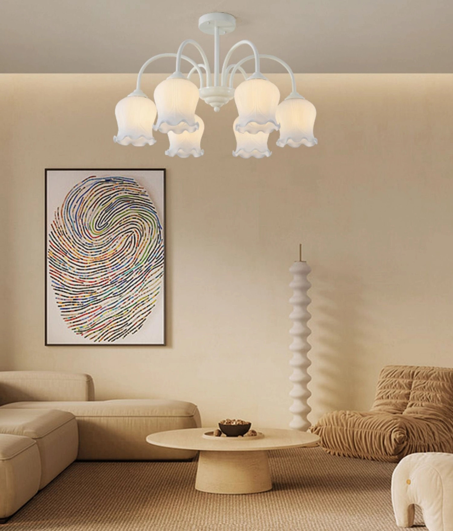 Eight-head frosted glass lily chandelier side angle view against neutral wall showing ruffled shade texture