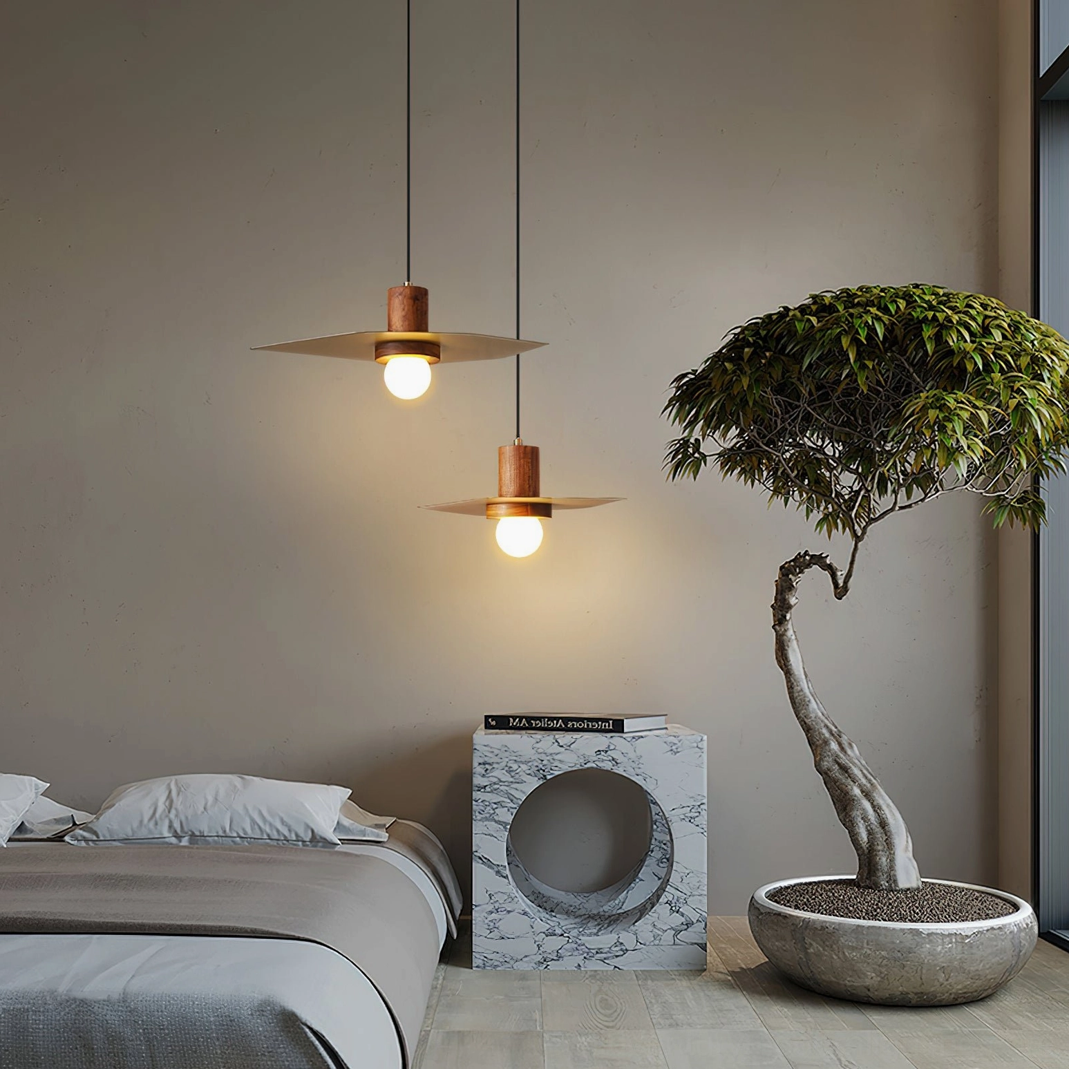 Dual Elara pendant lamps in bedroom with Japandi minimalist design and bonsai plant decor