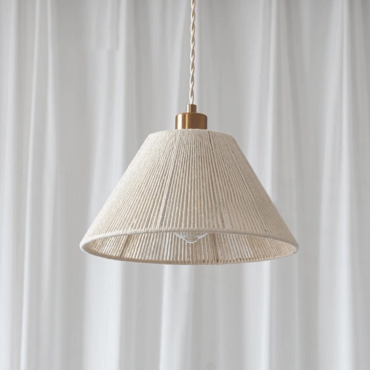 Elara Model B compact conical woven pendant light with beige cotton woven texture and refined gold metal accents