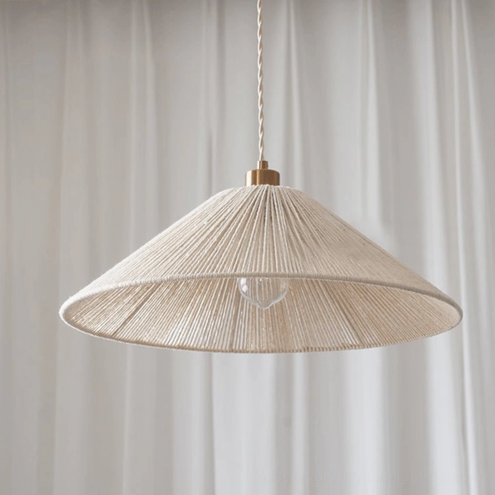Elara Model C wide conical woven pendant light with exposed Edison bulb, minimalist boho design with beige woven shade