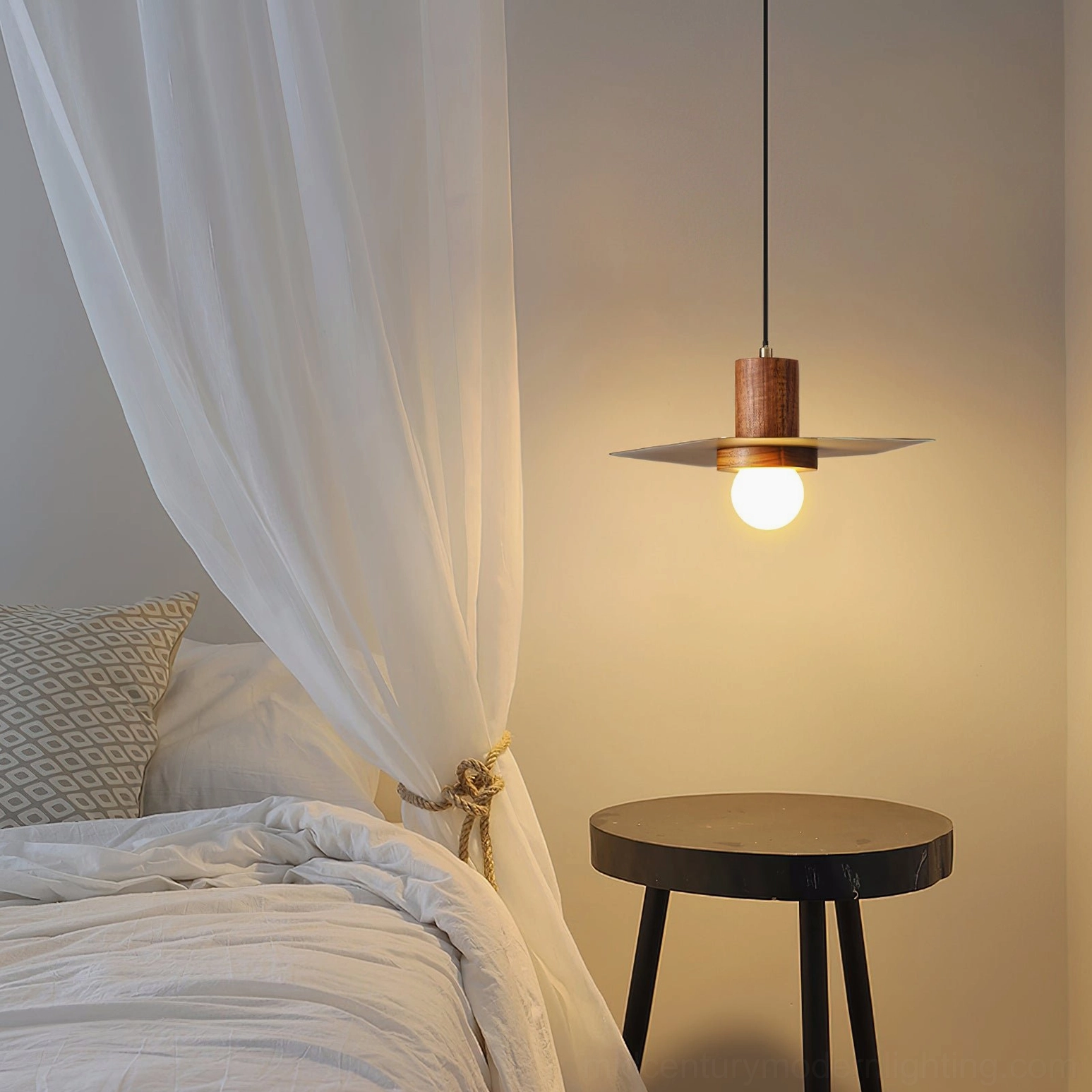 Elara minimalist ceiling pendant light in bedroom with warm Nordic aesthetic and sheer window curtains