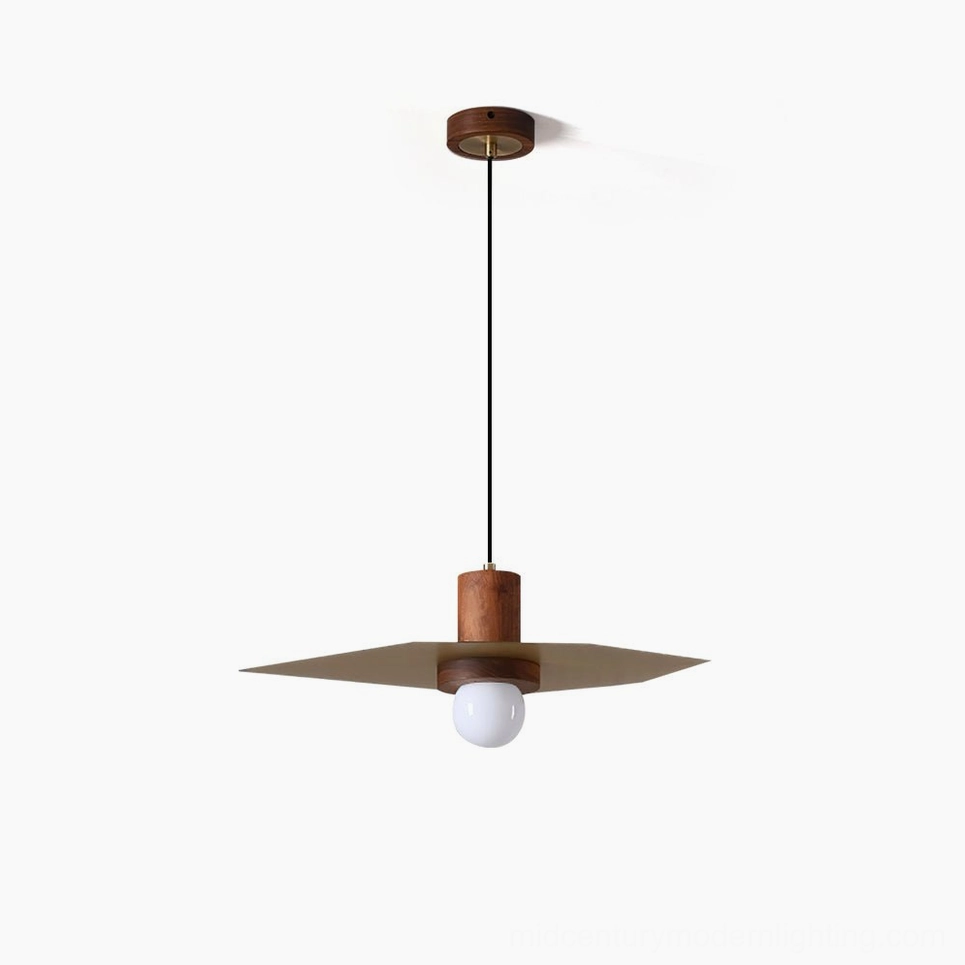 Elara mid-century modern pendant lamp with walnut wood base and brass geometric shade, studio product display front view