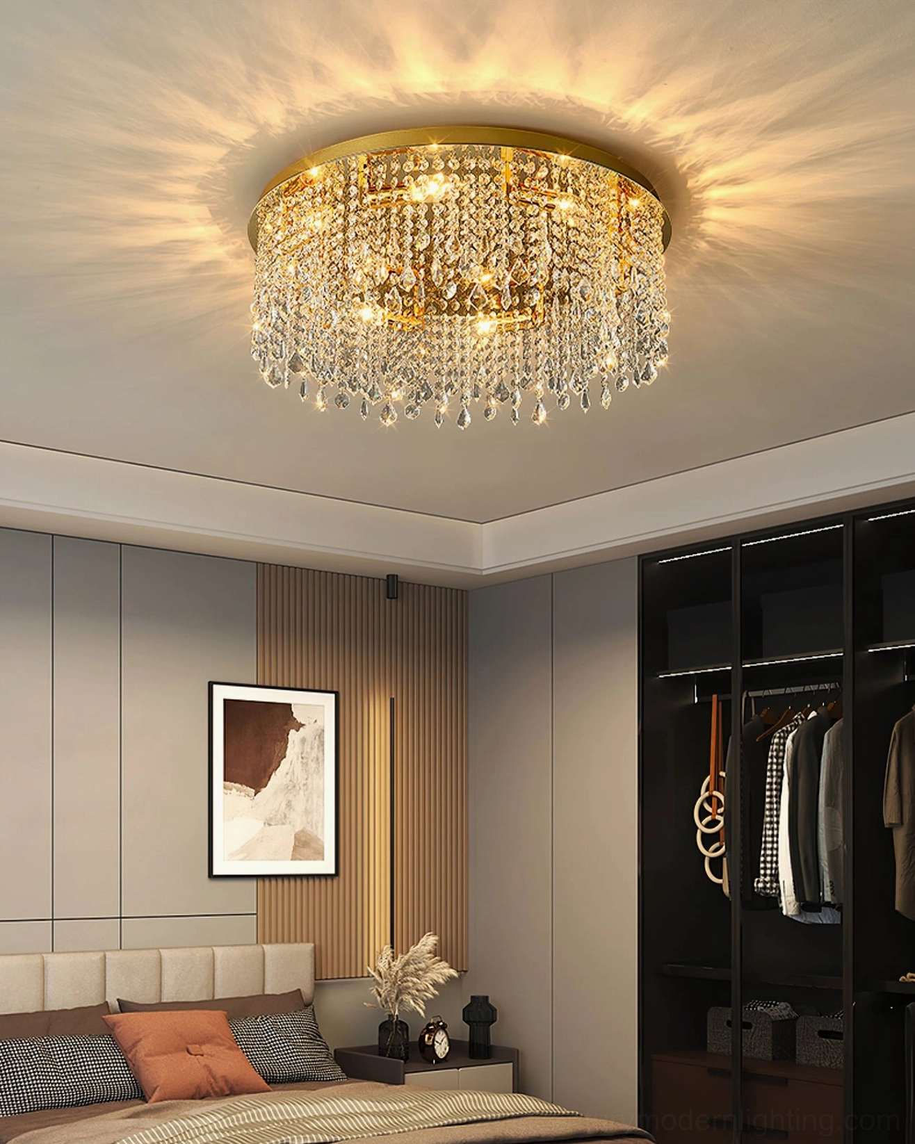 Elegant crystal ceiling light fixture with layered faceted crystal elements and titanium gold frame detail