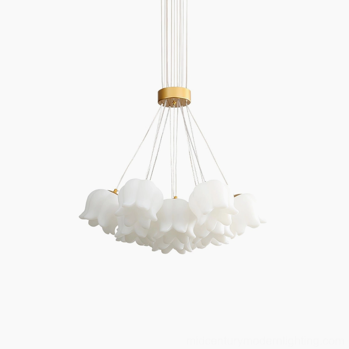 Elegant lily of the valley ceiling fixture with botanical flower-shaped frosted acrylic pendants on gold metal frame