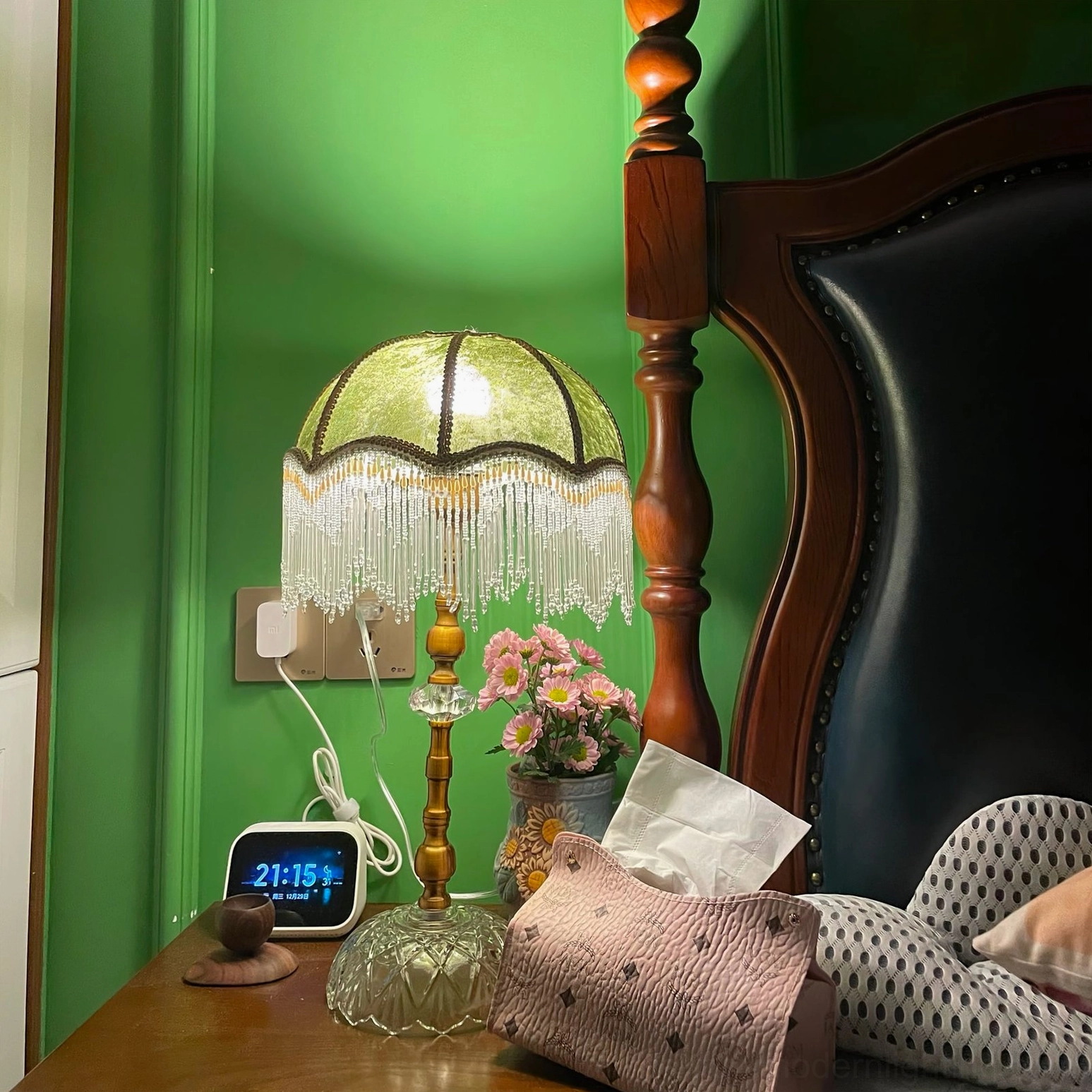 Elegant velvet table lamp with beaded tassel fringe on decorative side table