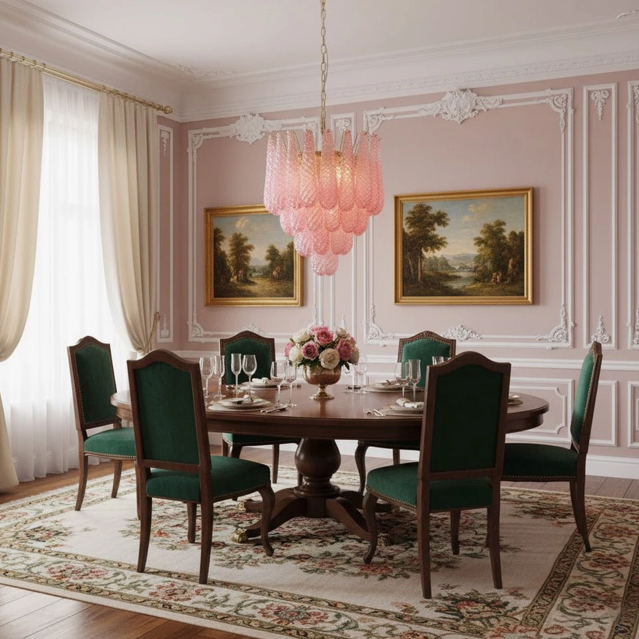 Elegant Viola pink glass chandelier product shot showcasing complete silhouette and color