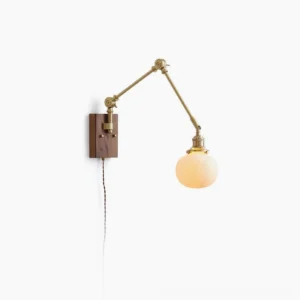 Elia swing arm wall lamp front view with frosted glass shade, brass arms, and walnut wood base on white background