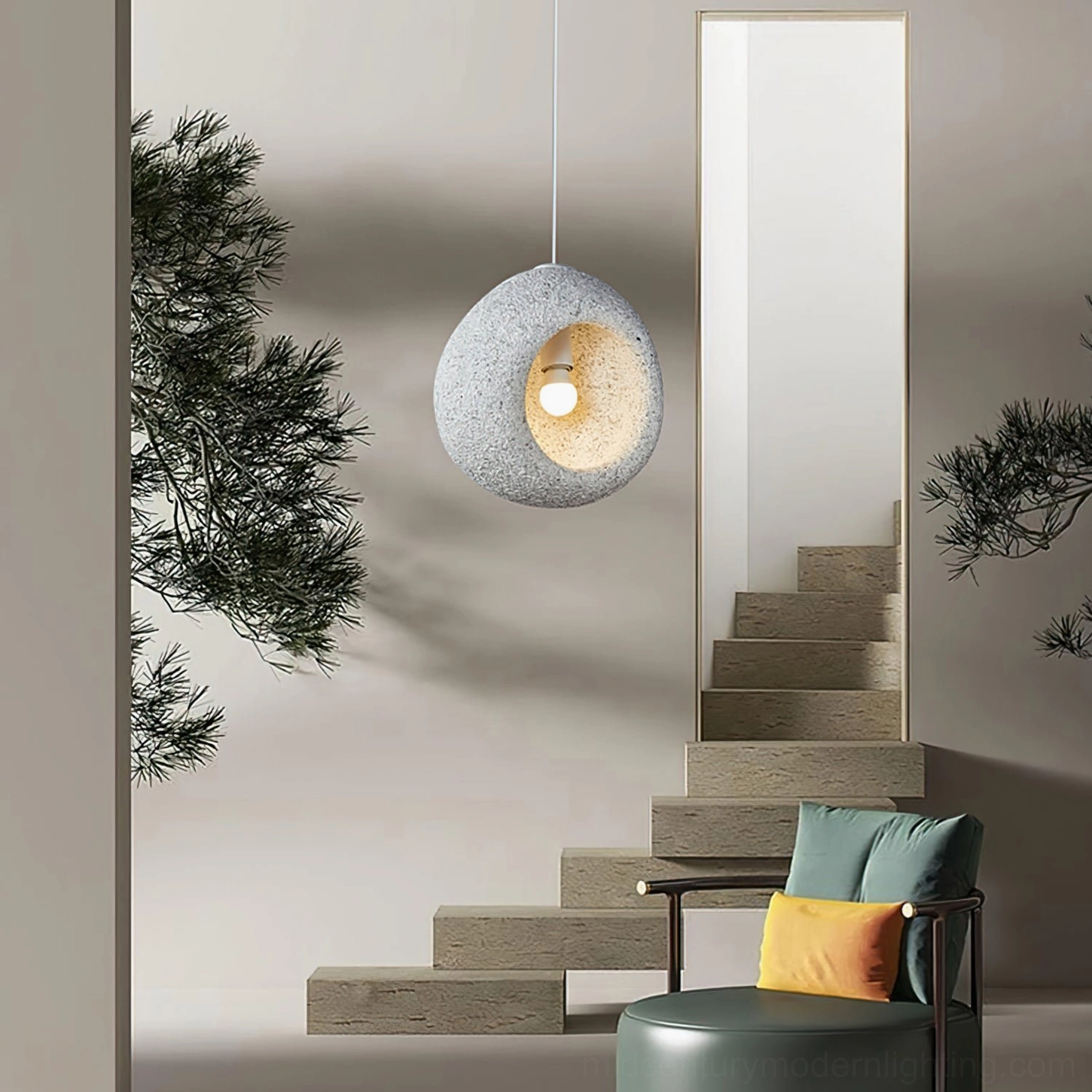 Elian stone pendant lamp in minimalist stairwell lounge space with natural greenery and wabi-sabi decor