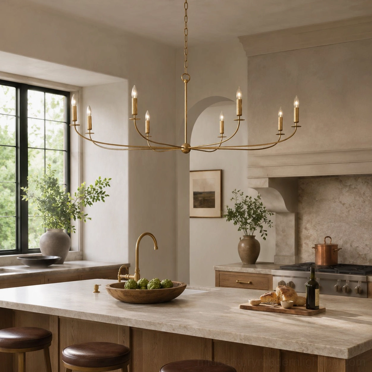 Emaani Candle Chandelier with 10 candle bulbs in rustic kitchen, warm brass arched arms overhead lighting fixture