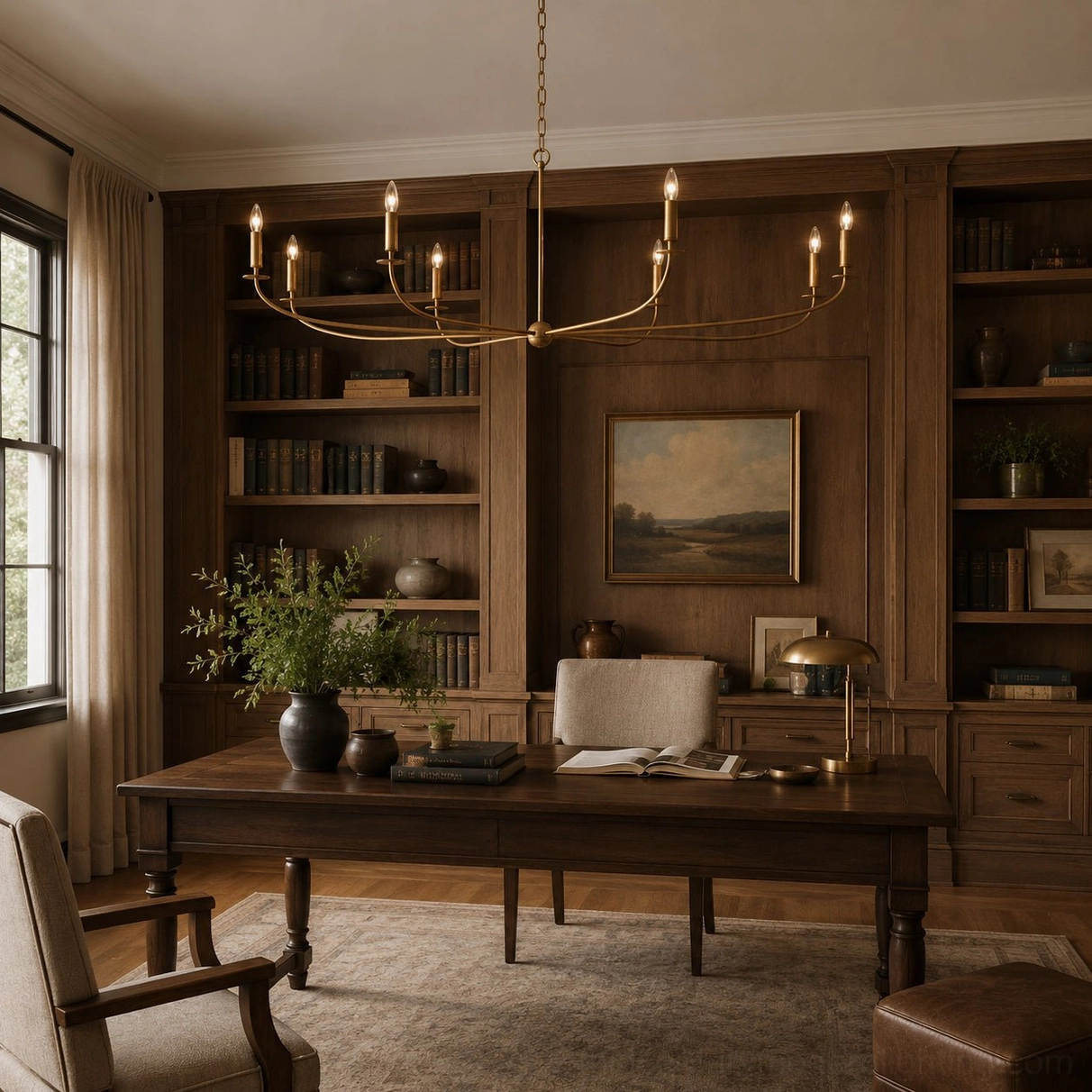Emaani Candle Chandelier suspended in vintage wood-paneled study room, warm brass finish overhead lighting