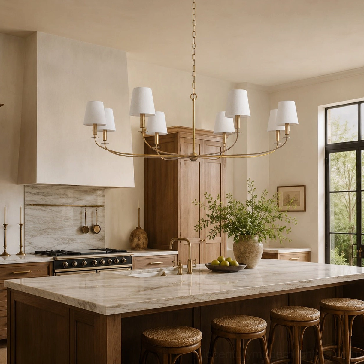 Emaani Candle Chandelier with white tapered fabric shades in modern farmhouse kitchen above marble and wood island
