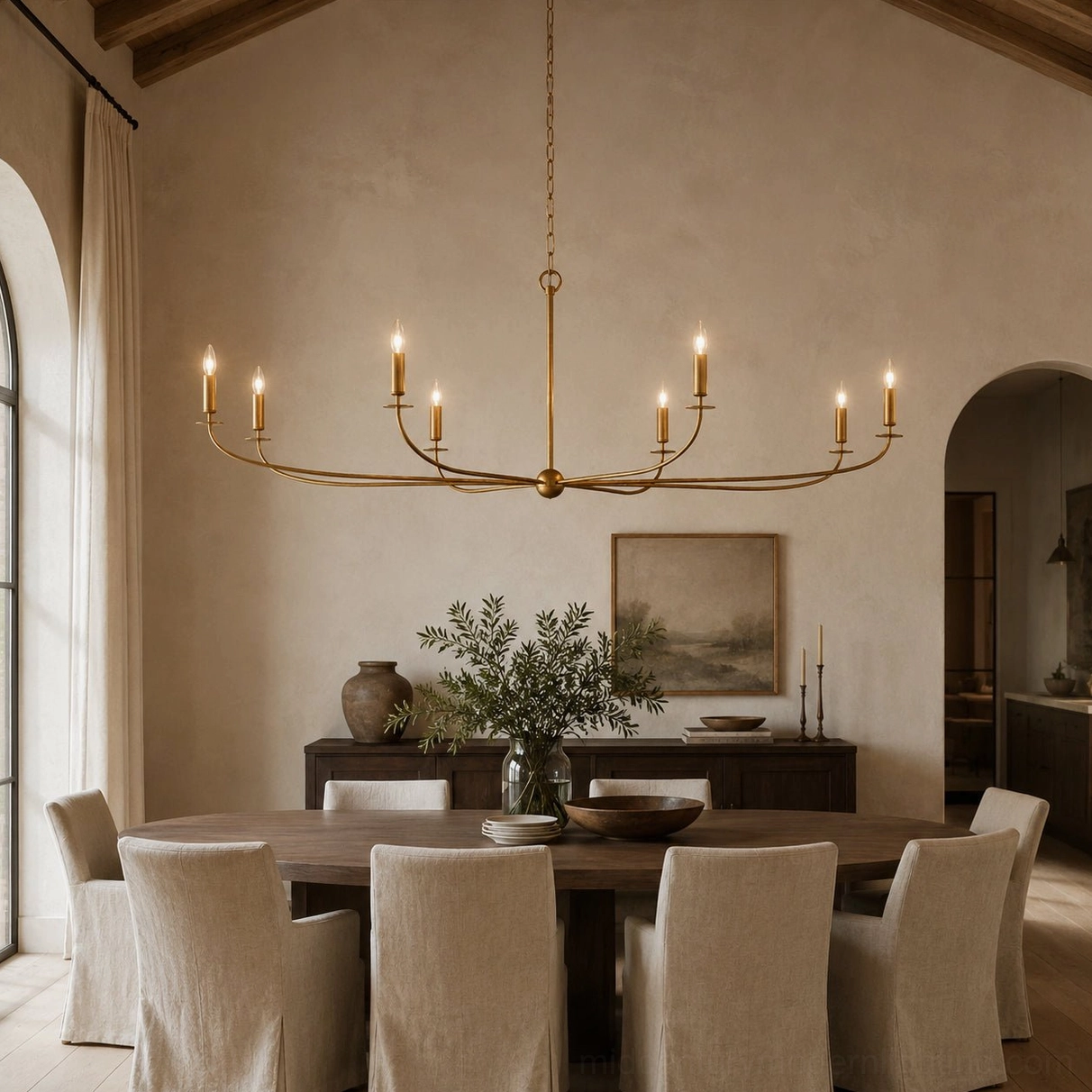 Emaani Candle Chandelier suspended in formal traditional dining room with 10 candle lights, neutral beige interior
