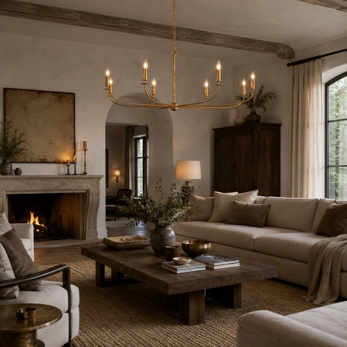 Emaani Candle Chandelier in traditional living room with fireplace, Old Brass finish creating warm ambient light