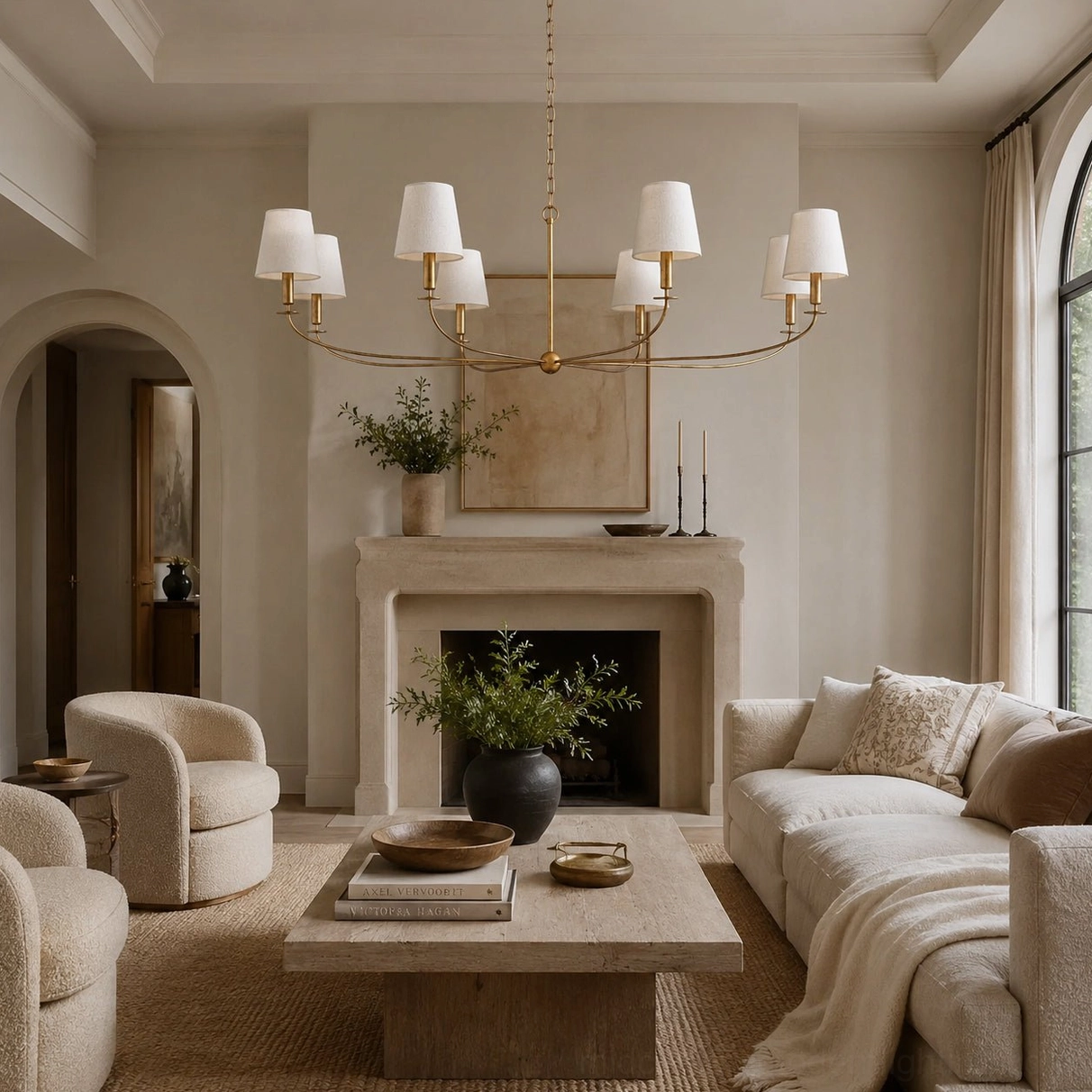 Emaani Candle Chandelier with white fabric-shaded lights in cozy traditional living room, fireplace and brass frame