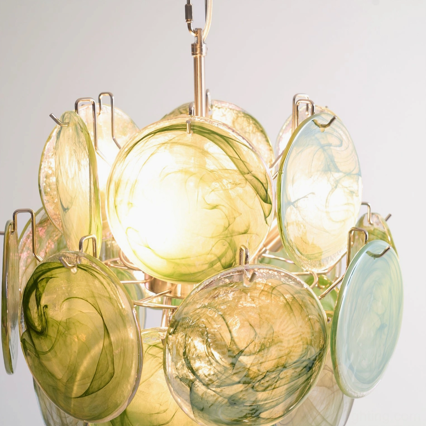 Emerald disc chandelier suspended view metal chain nickel finish ceiling mount