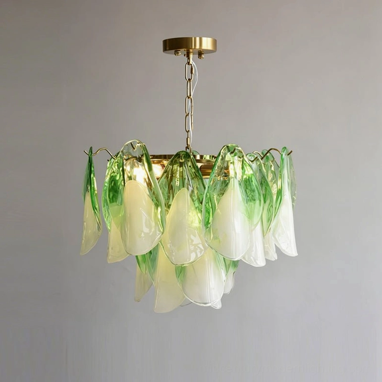 Green and white ombre foliage glass chandelier with warm illuminated lighting effect