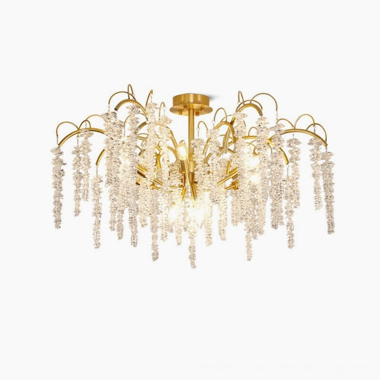 Emily Branch crystal chandelier front view with lit candle bulbs, showing brass frame and cascading crystal drops