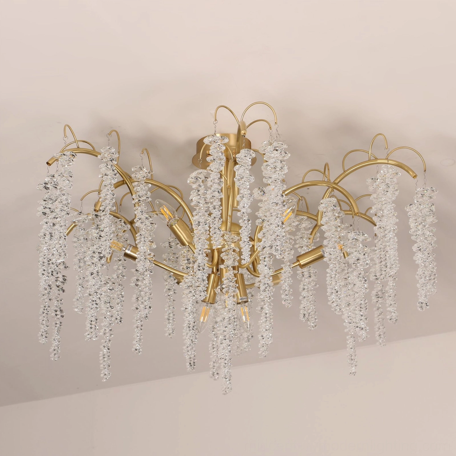 Emily Branch unlit close-up side view showing brass metal frame, candle bulb bases, and long clear crystal tassels