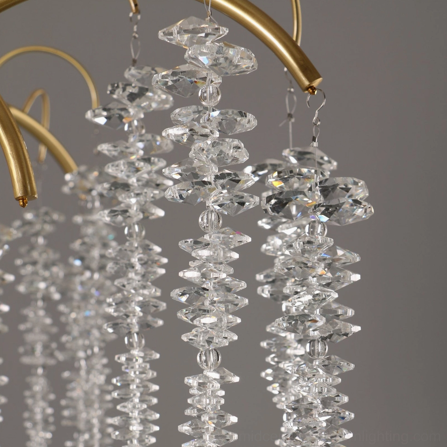 Emily Branch crystal ceiling lamp featuring intricate brass framework and suspended faceted glass crystal elements