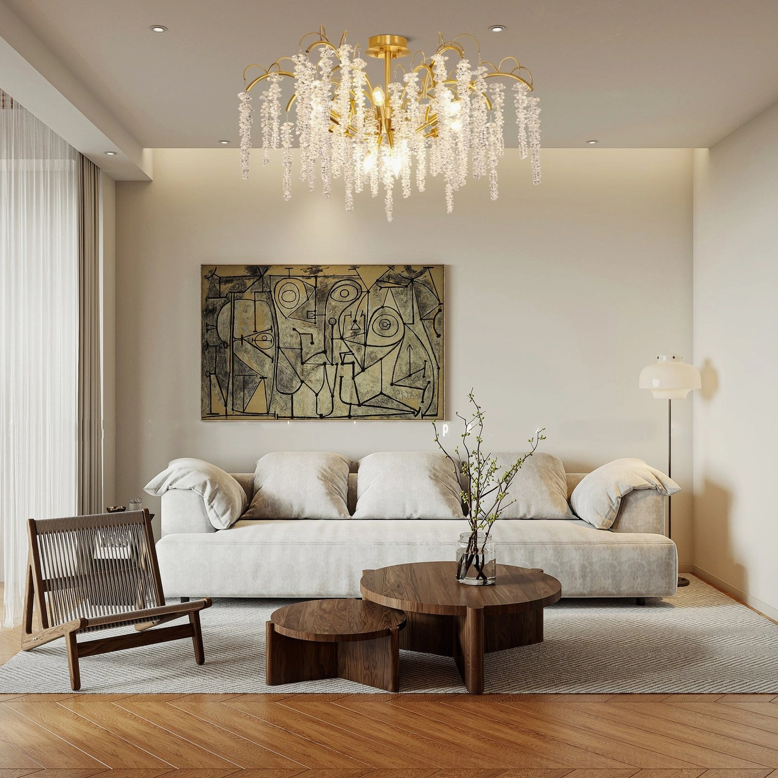 Emily Branch chandelier installed in modern minimalist living room creating warm luxury lighting atmosphere