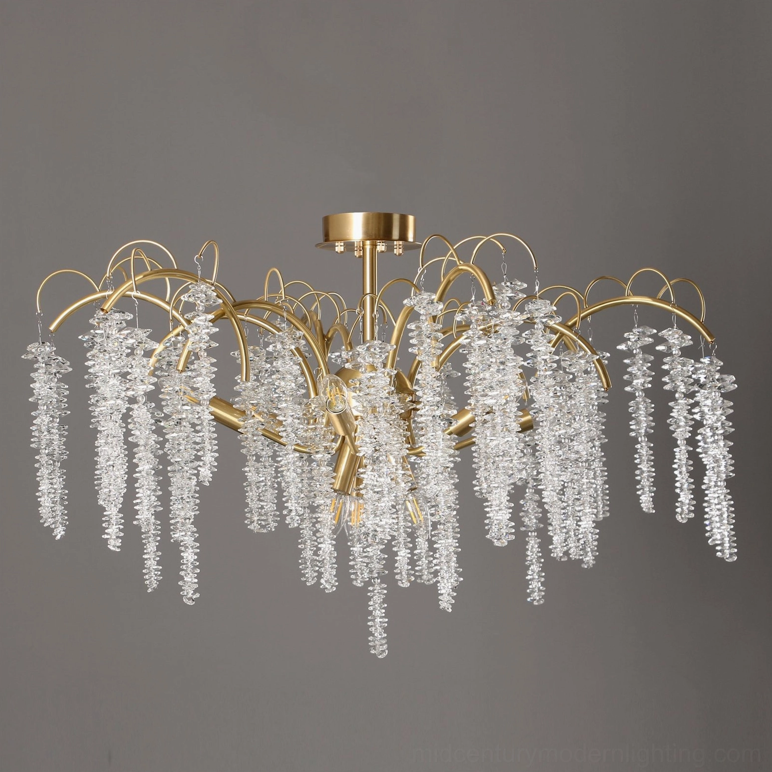Emily Branch mid-century modern brass chandelier product display showing complete fixture design and proportions