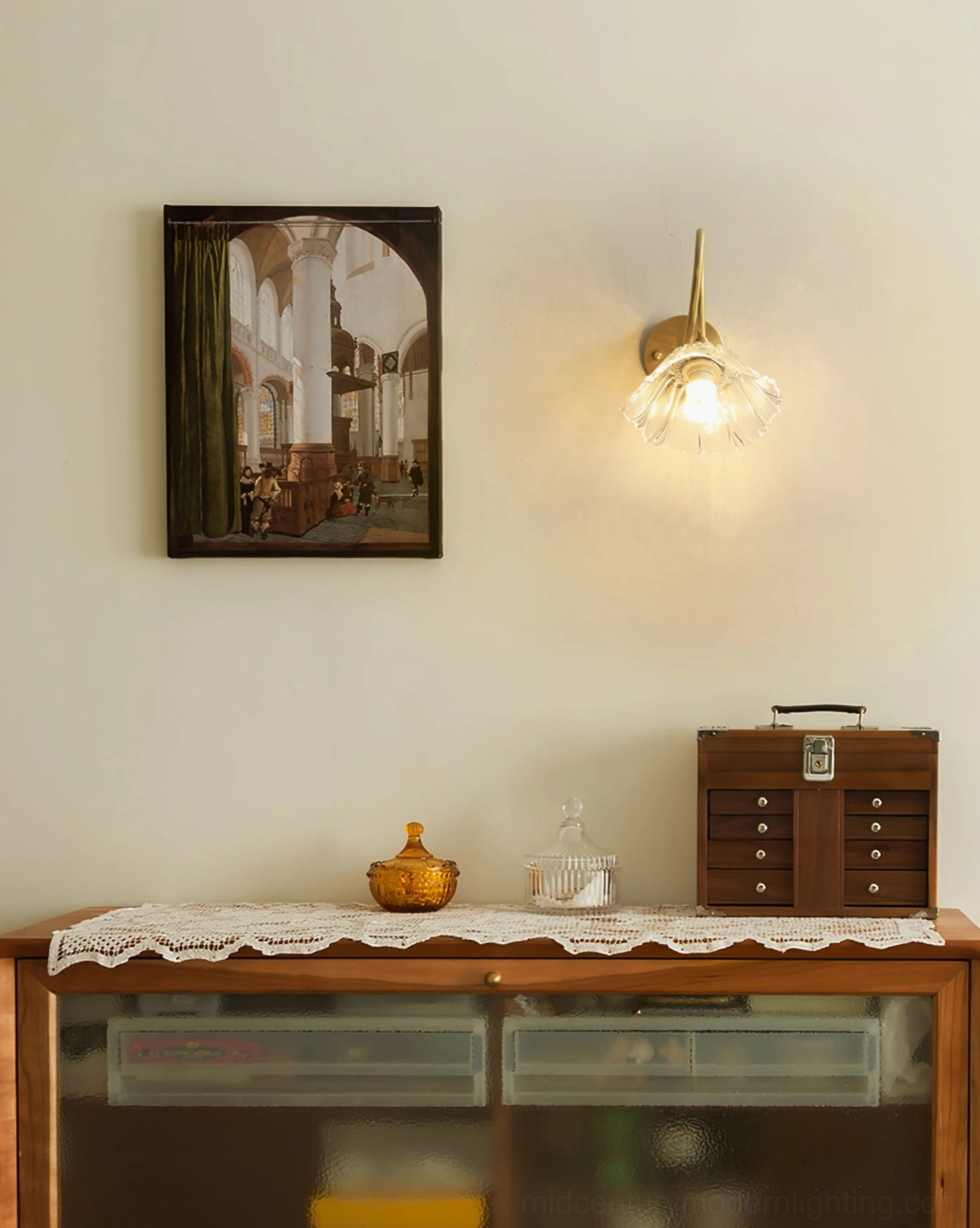 Ercole floral wall lamp in vintage living room with display cabinet and warm evening lighting