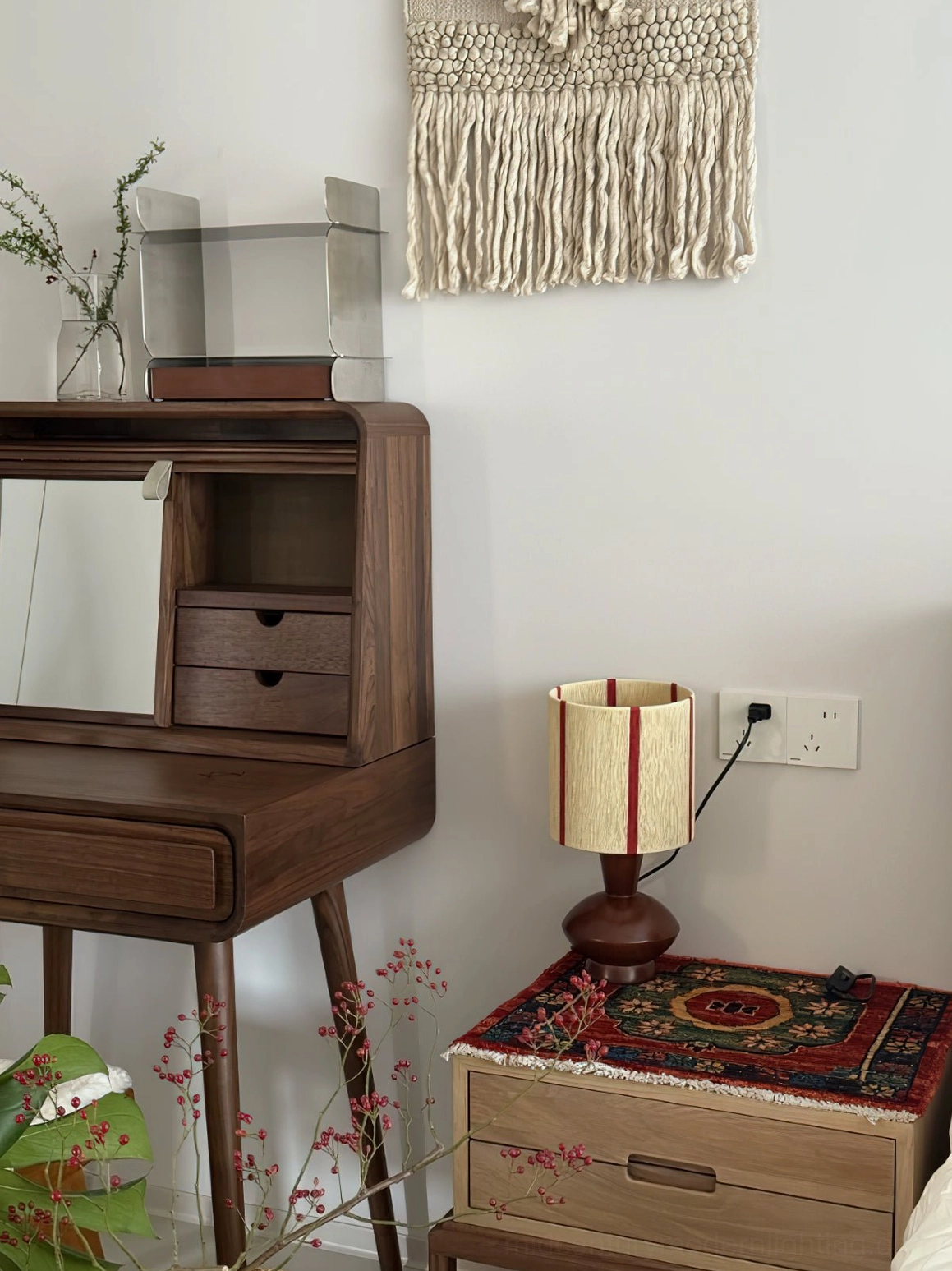 Ernest table lamp bedside styling in vintage bedroom vanity setup demonstrating boho retro home decor application