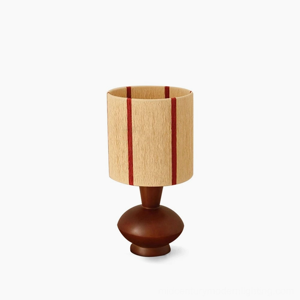 Ernest mid-century modern table lamp front view with striped beige and red linen shade on white background