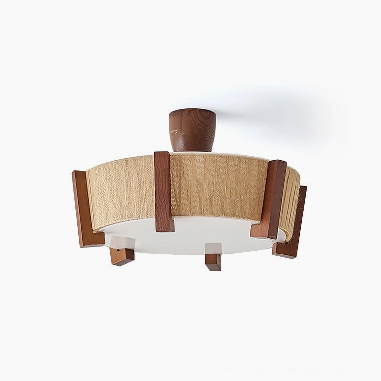 Euluna 50cm diameter semi-flush ceiling light in walnut color, complete product view with premium linen fabric wrap
