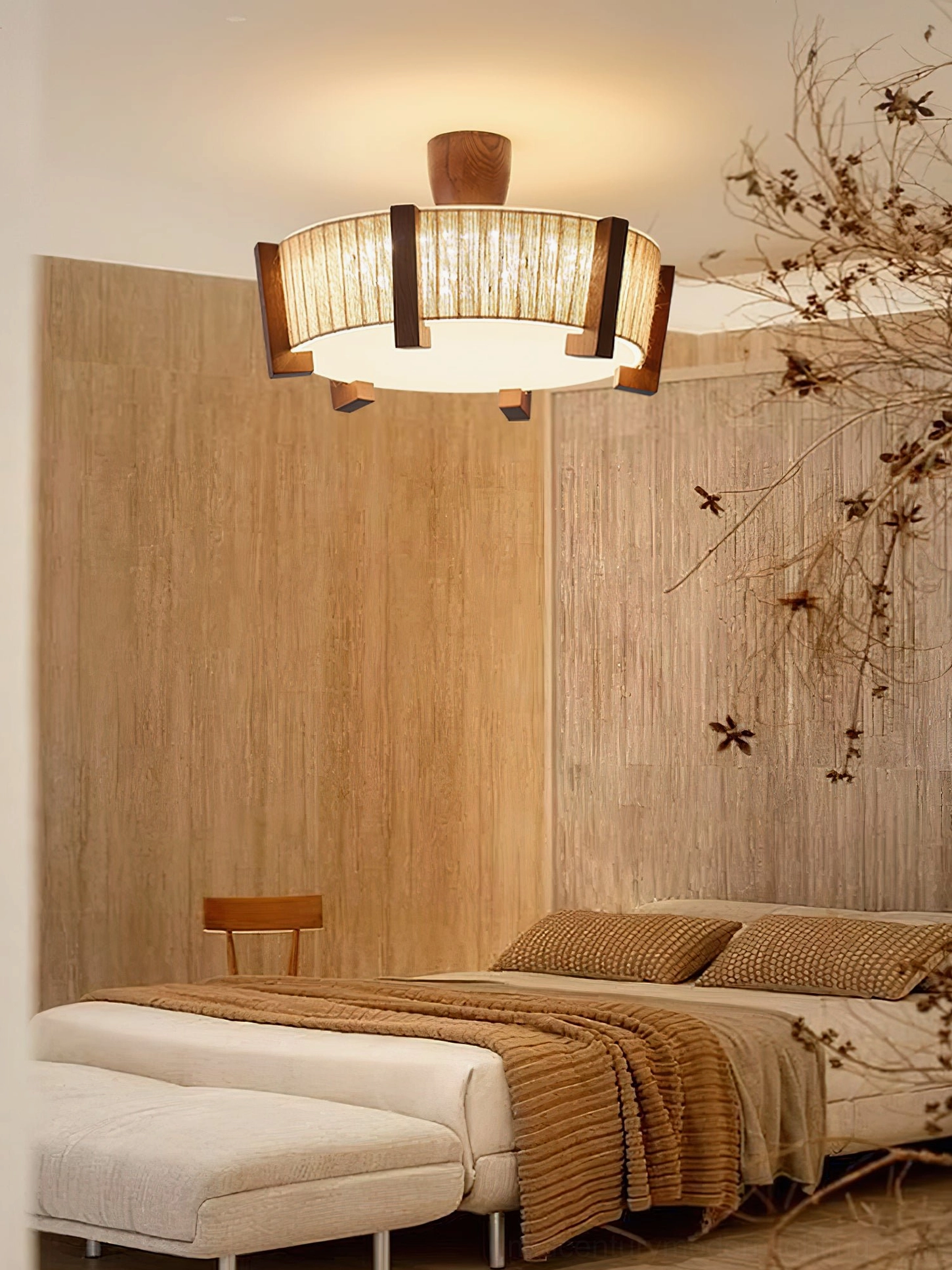 Euluna ceiling fixture in master bedroom with wood panel wall and dried botanical decor, creating warm sanctuary ambiance