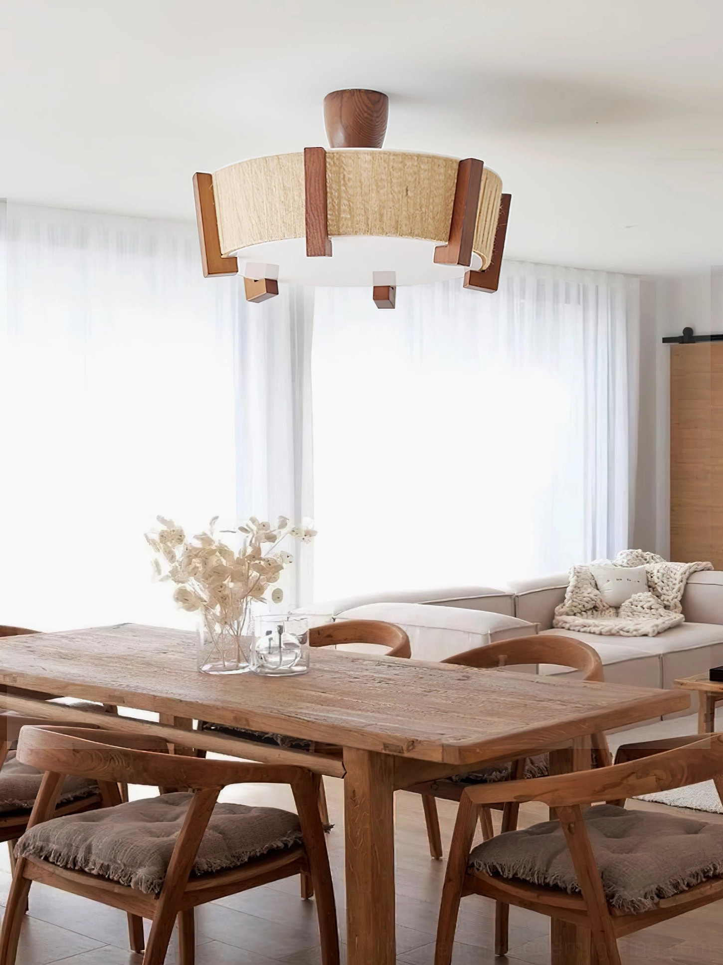 Euluna semi-flush ceiling light installed in rustic dining room with wooden furniture and warm ambient lighting