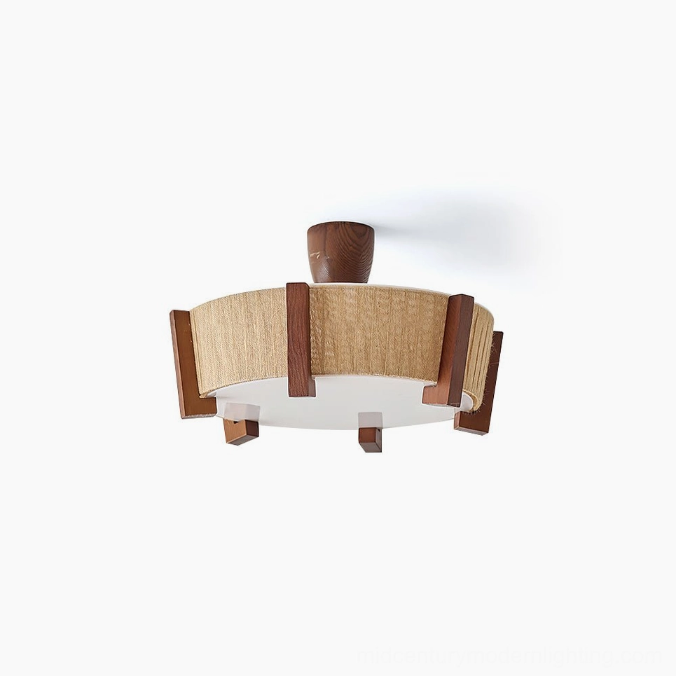 Euluna warm wood and linen semi-flush ceiling light, front view studio shot showing walnut frame and beige woven fabric drum shade
