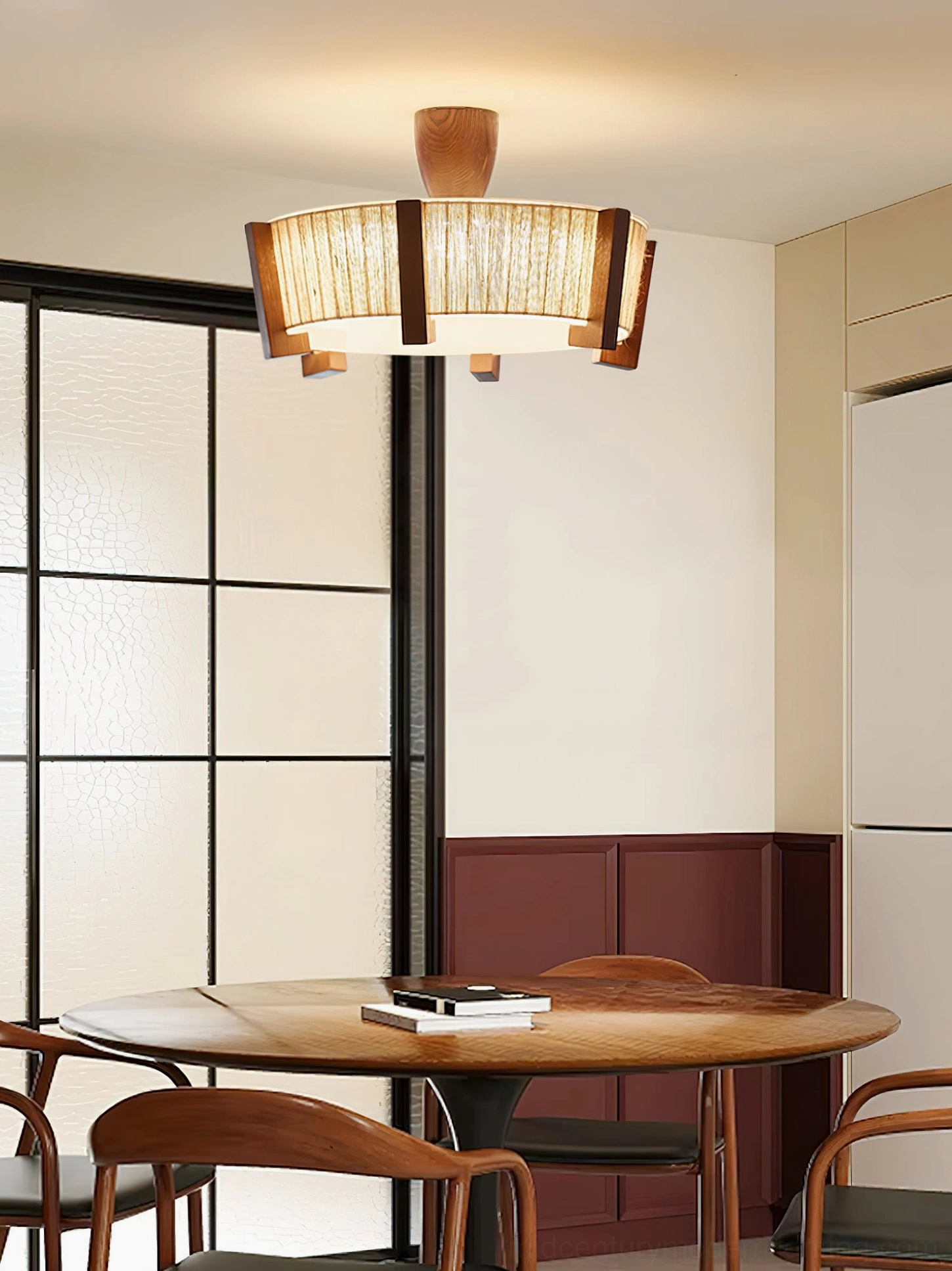 Euluna ceiling light in Japanese-style dining nook with grid glass sliding door and warm overhead illumination
