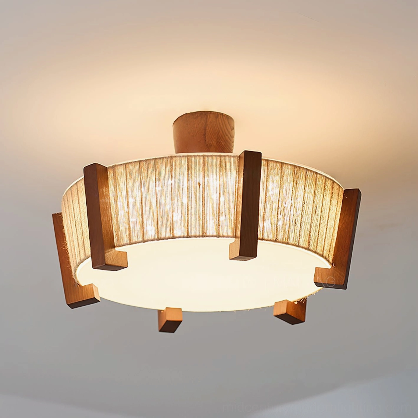 Euluna semi-flush mount ceiling light with warm wood frame and beige linen shade for contemporary minimalist interiors