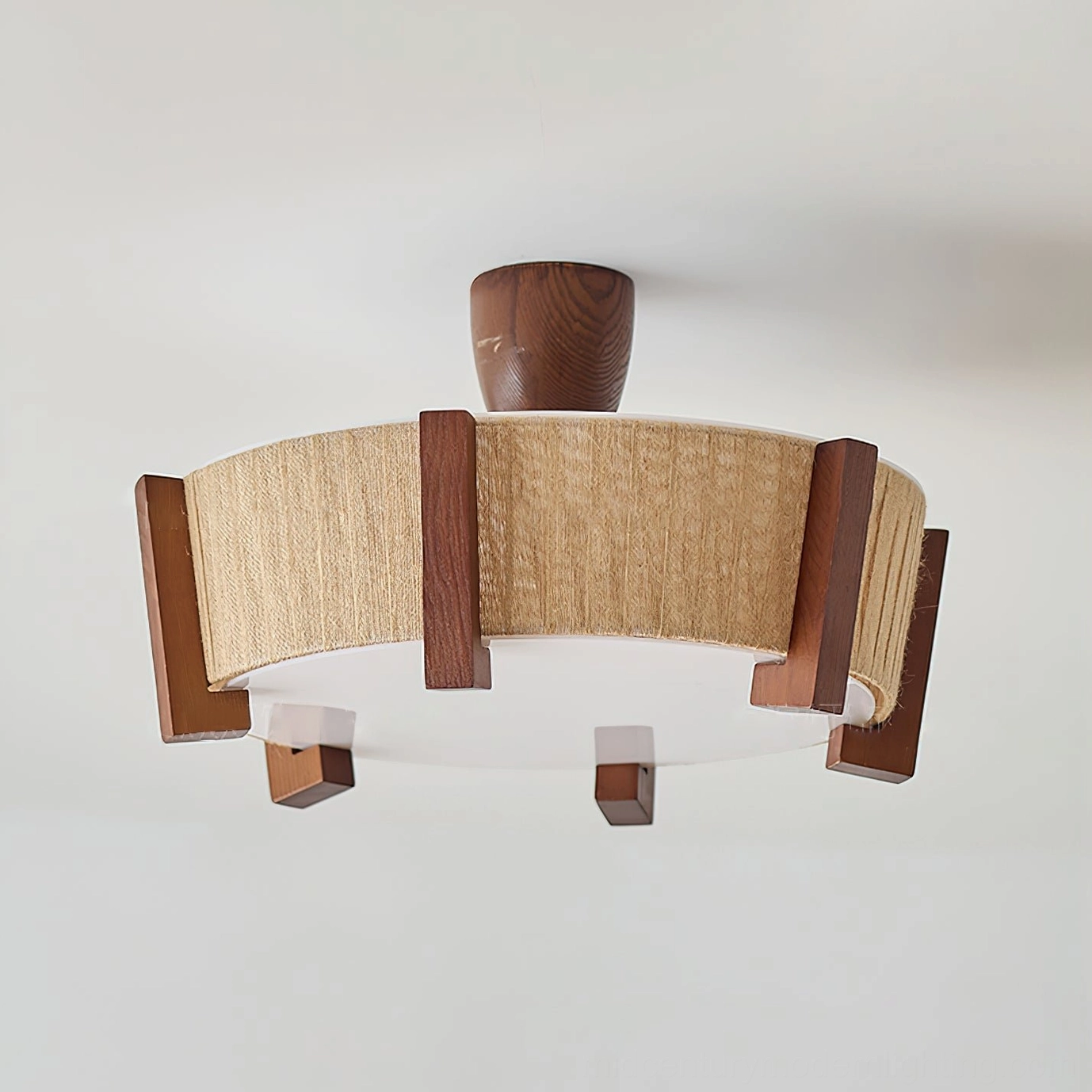 Close-up detail of Euluna ceiling light showing exposed wooden support frame structure and premium linen fabric texture