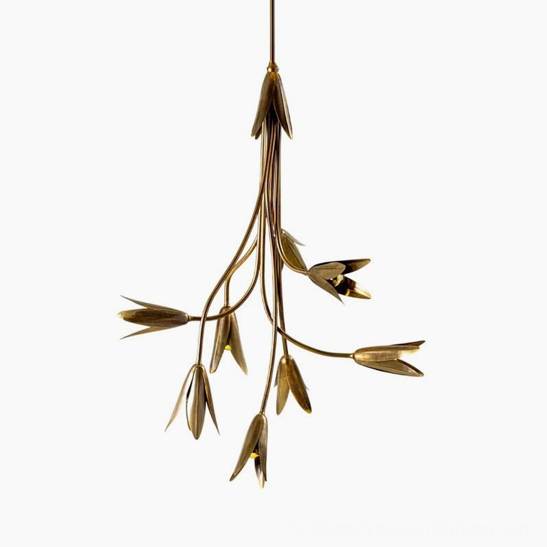 Evadne brass tulip chandelier front overhead view with antique gold metallic finish on white background
