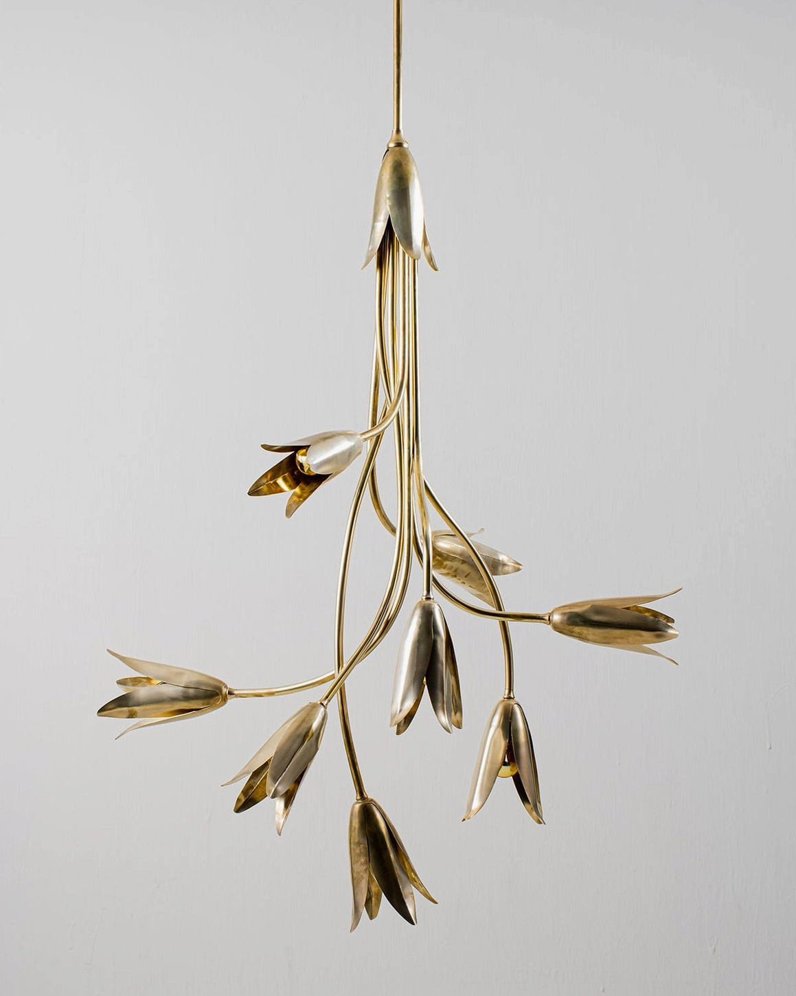 Evadne brass tulip chandelier detailed overhead view showing symmetrical floral branching structure
